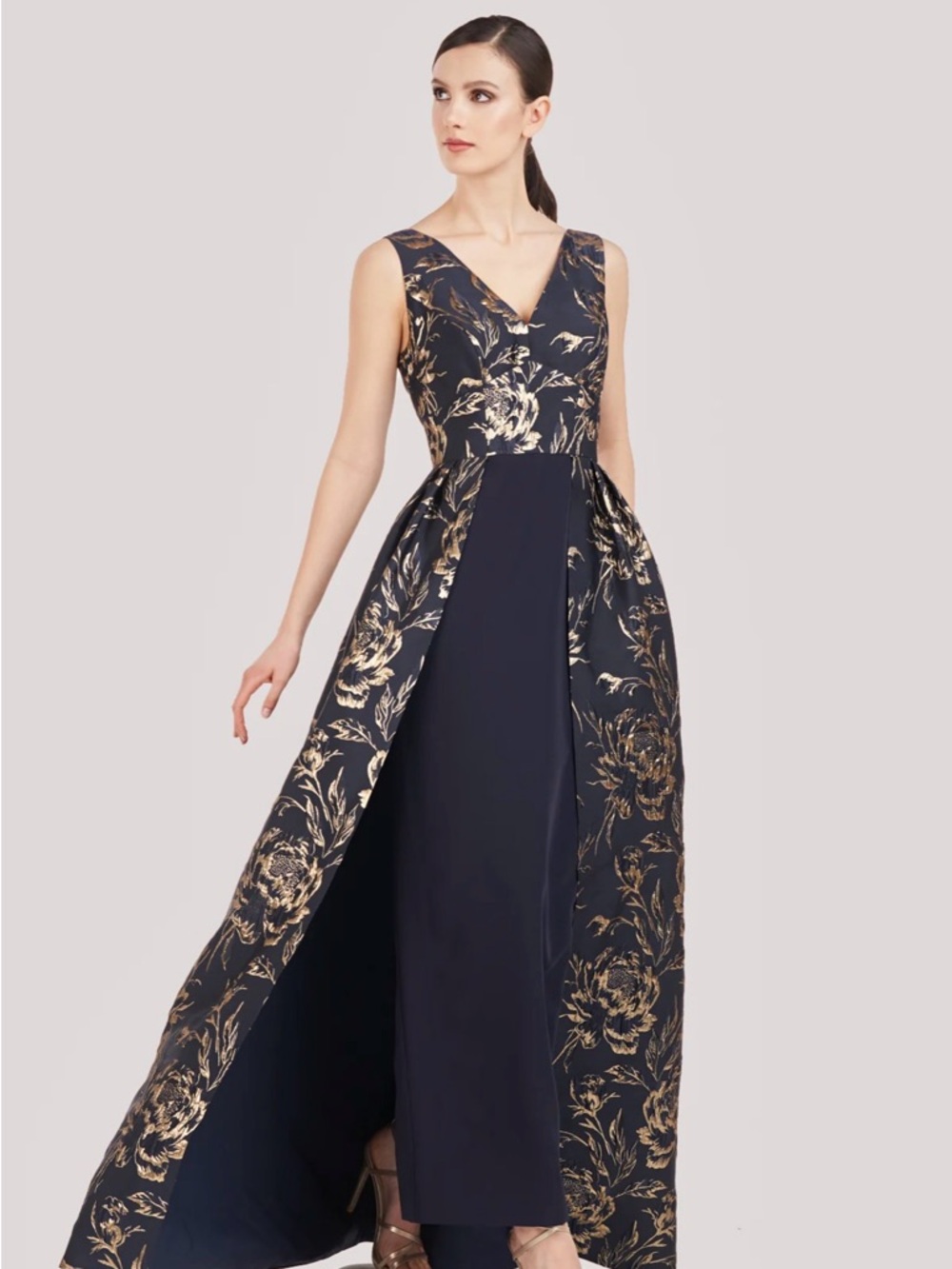Kay Unger Navy and Gold Floral V-Neck Ball Gown